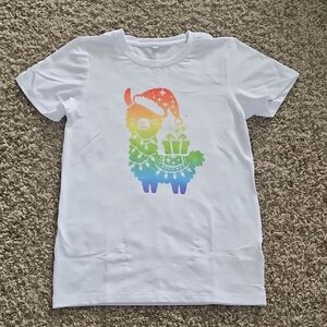 Hand Crafted White Tee with Rainbow Llama